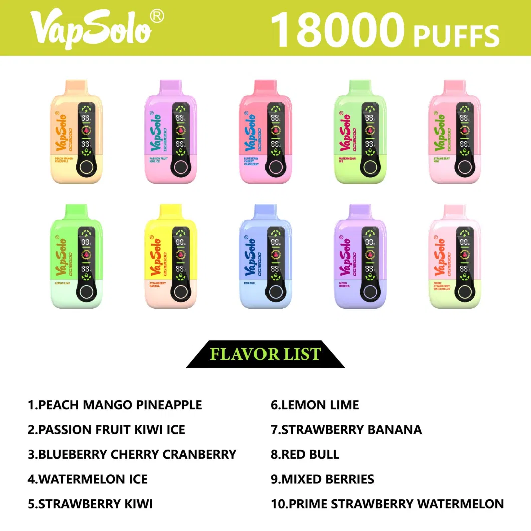 Vapsolo DG 18000 Puffs 2% 5% Baixa Nicotina Recarregável Vapes Pen Bulk Comprar Atacado