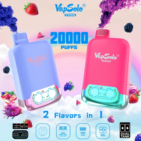 VapSolo Twins 20000 Puffs 2% 5% Low Nicotine Rechargeable Disposable Vapes Pen Bulk Buy Wholesale - BookVape - 1