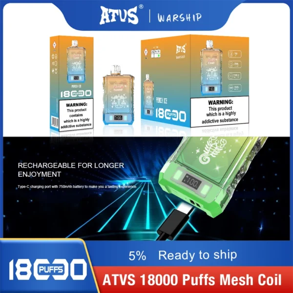 Atvs Warship 18000 Puffs 5% Genopladelige engangsvapes med lav nikotinindhold Pen Bulk Køb Engros - BookVape - 6