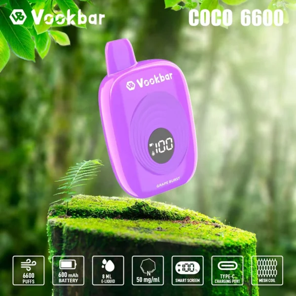 Vookbar Coco 6600 Puffs Digital Smart Screen 3% Oplaadbare wegwerpvapes-pen met laag nicotinegehalte, bulk kopen groothandel - BookVape - 6
