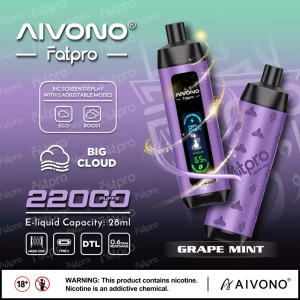 AIVONO Fatpro 22000 Puffs vattenpipa Digital Skärm 0% 2% 3% 5% Låg nikotinhalt Uppladdningsbara engångsvapes Penna Bulk Köp Partihandel - BookVape - 8