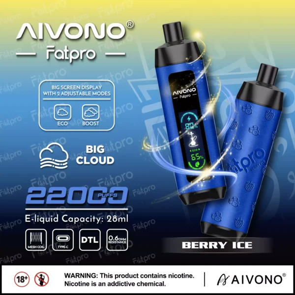 AIVONO Fatpro 22000 Puffs Hookah Digital Skärm 0% 2% 3% 5% Låg nikotinhalt Uppladdningsbara engångsvapes Penna Bulk Köp Partihandel - BookVape - 10