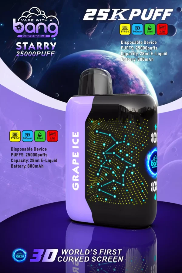 Bang Starry 25000 Puffs 3D ívelt képernyő 0% 2% 3% 5% Alacsony nikotintartalmú, újratölthető, eldobható Vapes toll Tömeges vásárlás - BookVape - 14